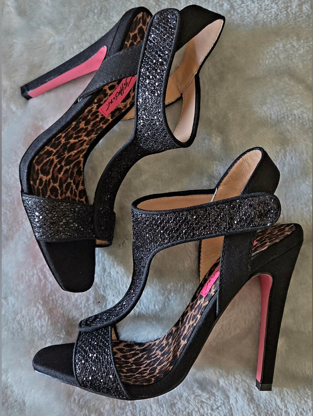 Betsey Johnson Black Glitter & Pink Accent Leopard Insole Stiletto Heels